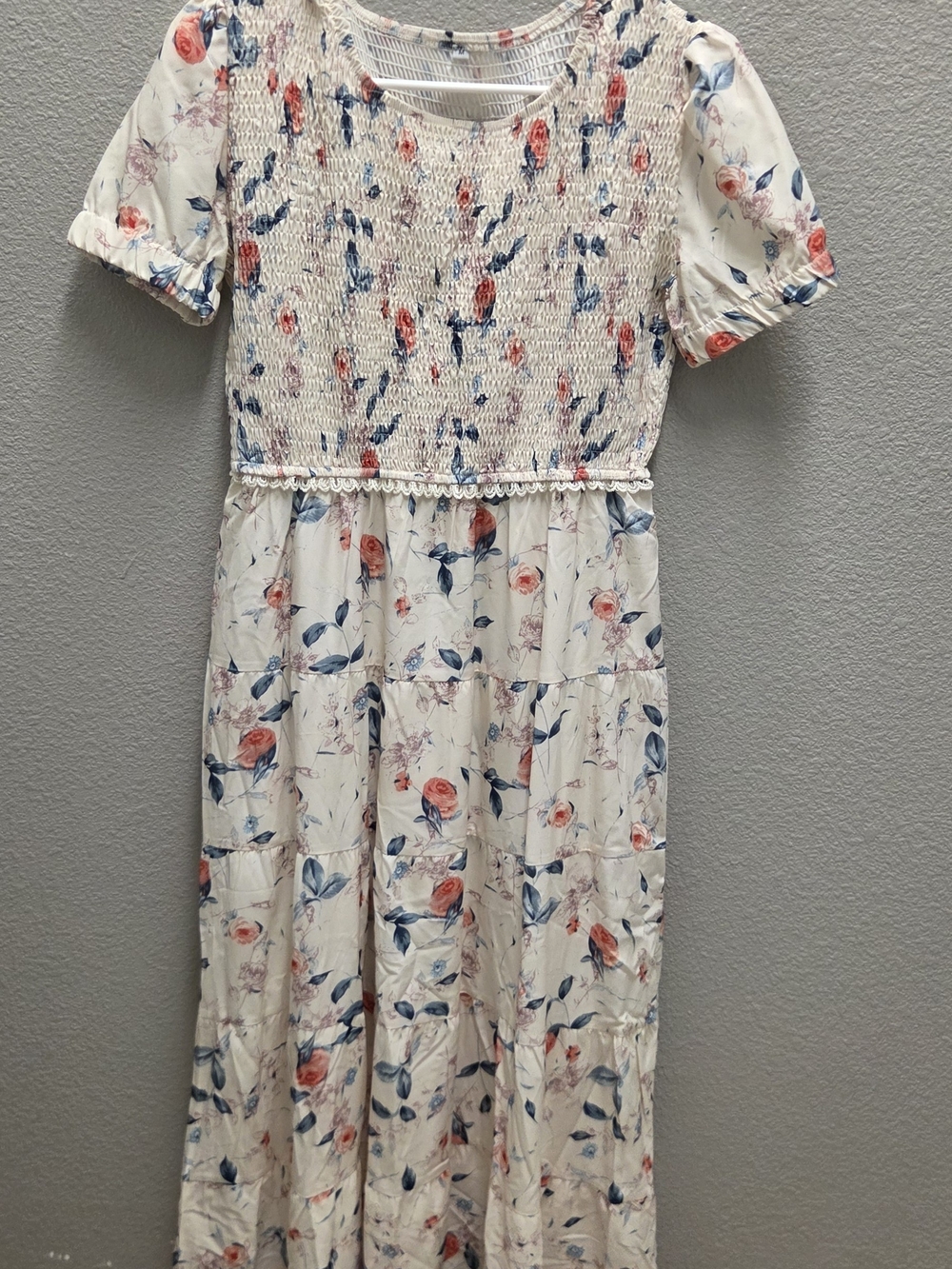 Women's Floral Smocked Maxi Dress - Cream with Pink & Blue Floral